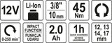 Terkšlė akumuliatorinė smūginė | 10 mm (3/8") | 12V 2,0AH 45 Nm (YT-82902)