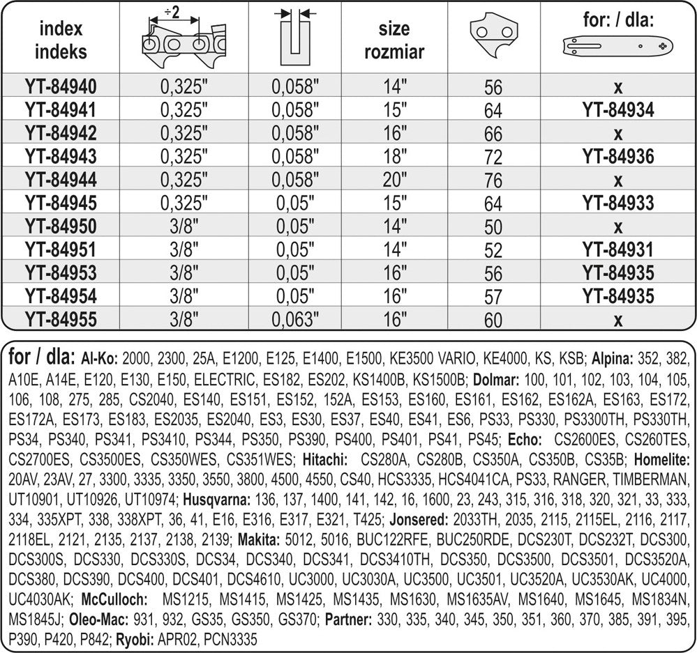 Grandinė pjūklui 16" 3/8" 0,05" 56 dantys (YT-84953)
