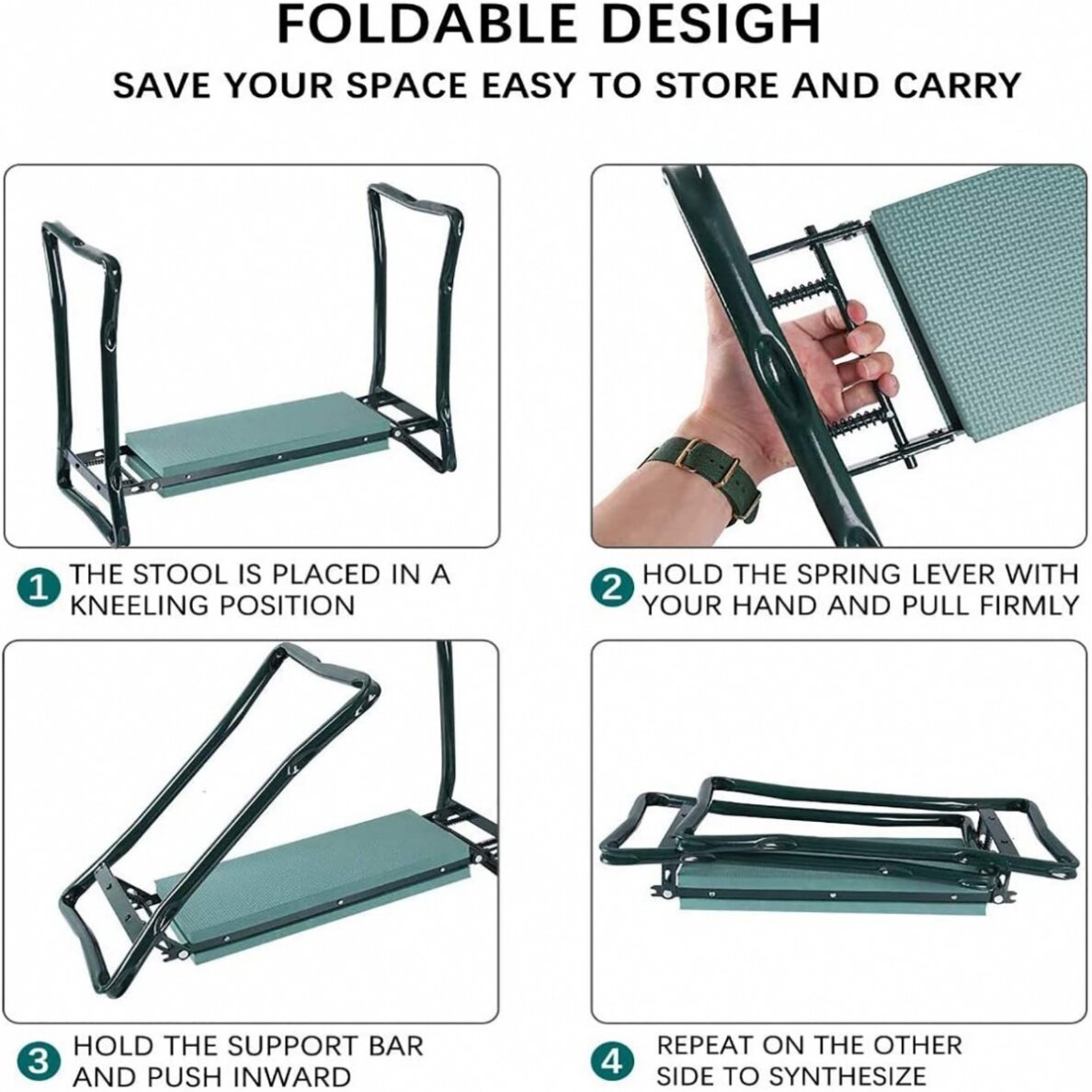 Sulankstomas sodo suoliukas ir kelių apsauga su įrankių krepšiu | 2 viename (ST-1)
