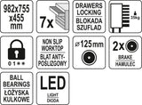 Įrankių spintelė ant ratukų | 7 stalčiai | 1 šoninės durys | kodinis užraktas | Led apšvietimas (YT-09004)