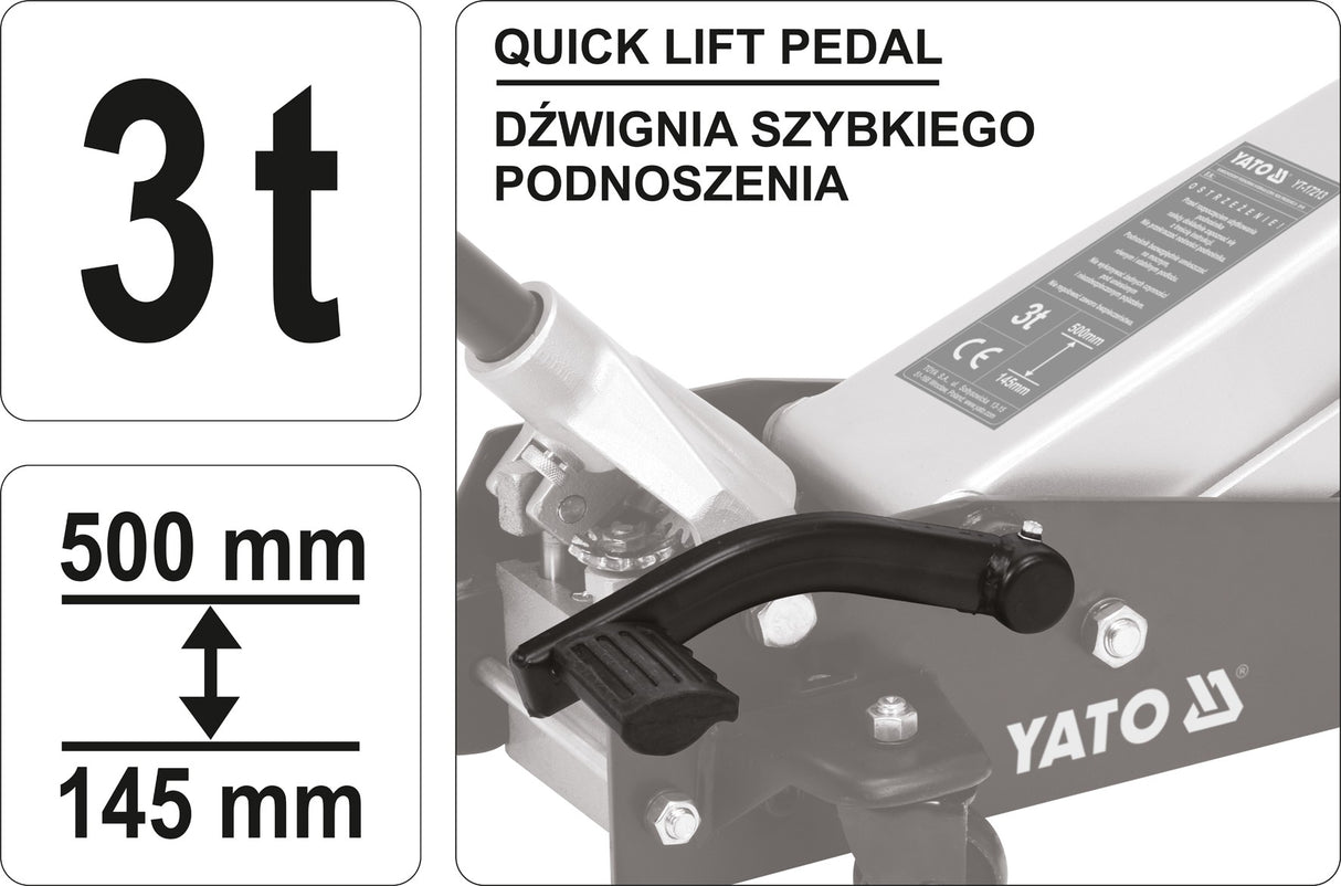 Domkratas ant ratukų | su pedalu | 145-500 mm | 3 t. (YT-17213)