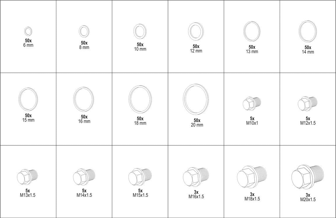 Karterio tepalo išleidimo varžtų ir aliuminių tarpinių rinkinys | 534 vnt. (YT-06862)