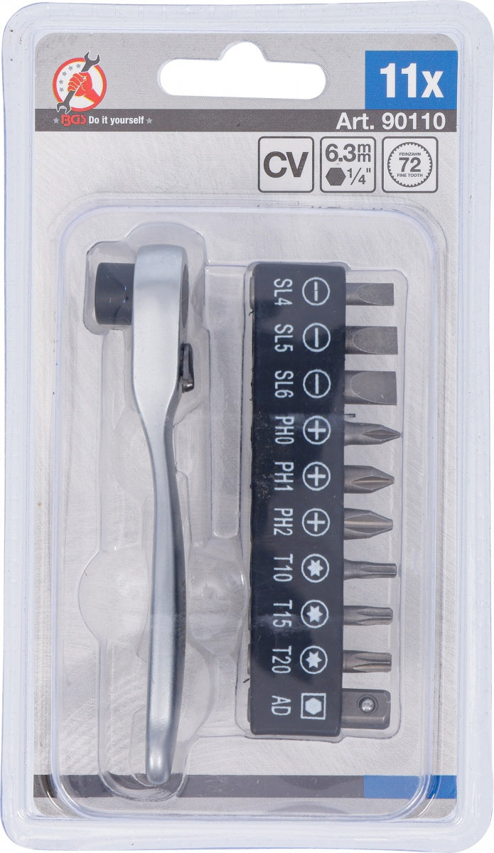 Antgalių rinkinys | su antgalių terkšle | 6,3 mm (1/4") | 11 vnt (90110)