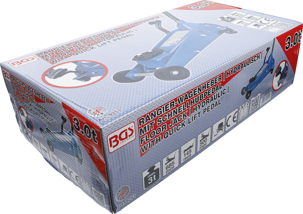 Domkratas ant ratukų | hidraulinis | 3 t | su greito kėlimo pedalu (9251)