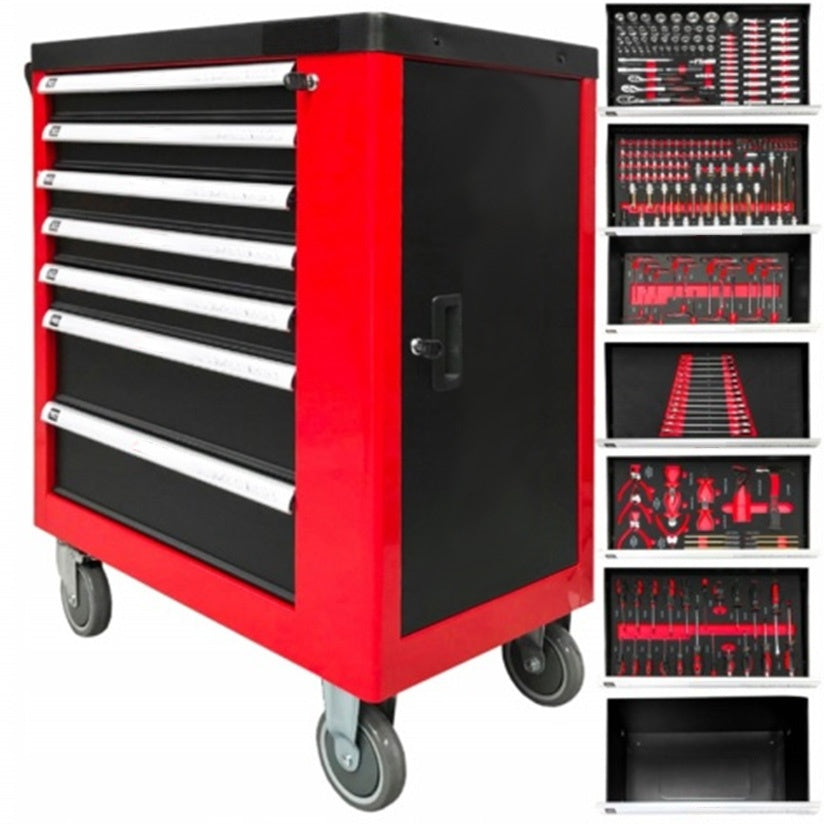 Įrankių spintelė ant ratukų | 7 stalčiai | 1 šoninės durys | 250 įrankių (H7007)