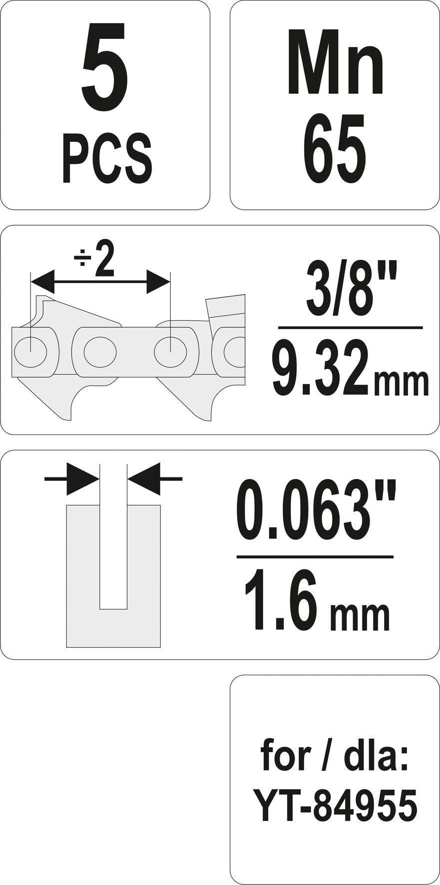 Pjūklo grandinės sujungimų rinkinys | 3/8" / 0,063" | 5 vnt. (YT-84978)