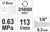 Pneumatinis šlifuoklis 6mm, 25.000 aps/min (YT-09632)