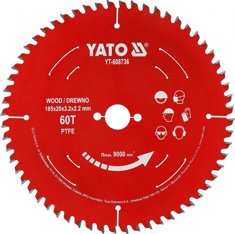 TCT pjovimo diskas medienai | 185 mm | 60 dantukų | 20 mm | su PTFE danga (YT-608736)