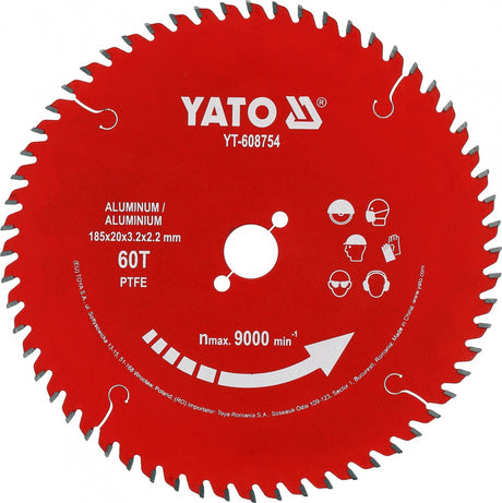 TCT pjovimo diskas aliuminiui ir spalvotiesiems metalams | 185 mm | 60 dantukų | 20 mm (YT-608754)