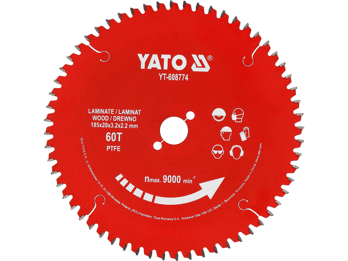 TCT pjovimo diskas laminatui ir medienai PTFE danga | 185 mm | 60 dantukų | 20 mm (YT-608774)