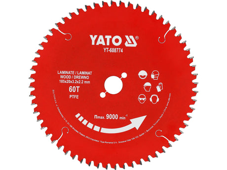 TCT pjovimo diskas laminatui ir medienai PTFE danga | 185 mm | 60 dantukų | 20 mm (YT-608774)