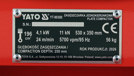 Vienkryptė vibroplokštė | 11 kN | 6,5 AG | 530 × 350 mm | su transportavimo ratukais (YT-90300)