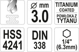 Grąžtas metalui su Hex 6.3 mm (1/4") galu HSS-TiN | 3.0 mm (YT-44754)