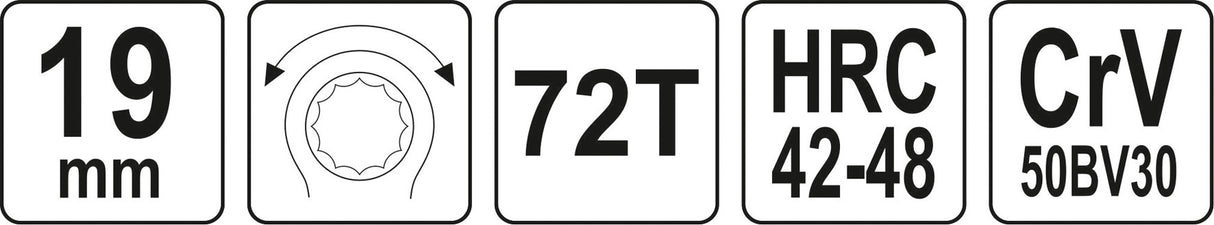 Raktas kilpinis lenktas su terkšle | reversinis | 19 mm (YT-02381)