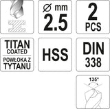 Grąžtas metalui HSS-TIN 2.5 mm, 2vnt. (YT-44633)