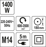 Poliravimo mašinėlė | 600-3500 RPM | 1400W | 180 mm (YT-82196)