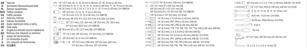 Įrankių rinkinys | 6.3 mm (1/4") / 10 mm (3/8") / 12,5 mm (1/2") | 126 vnt. (YT-38875)