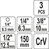 Набор адаптеров | длинные | с 1/4"(6,3 mm) на головки 1/4" - 3/8" - 1/2" | 150 mm