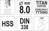 Grąžtas metalui HSS-TIN 8.0 mm (YT-44658)