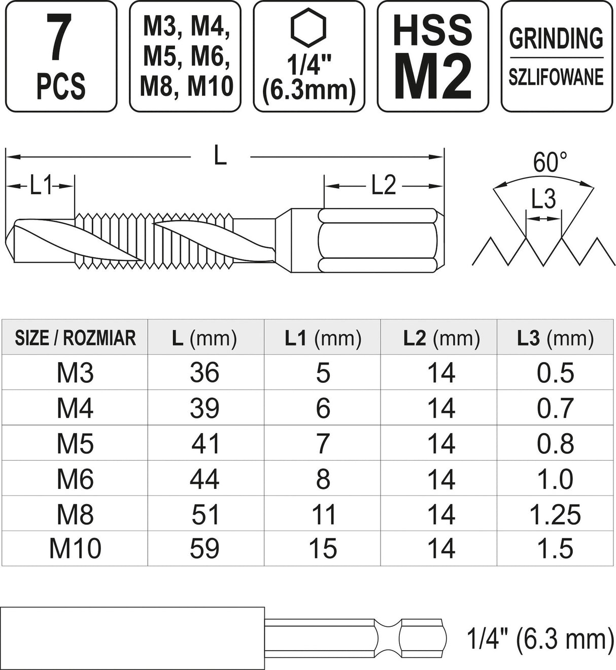Набор сверл-метчиков | M3-M10 (3, 4, 5, 6, 8, 10)
