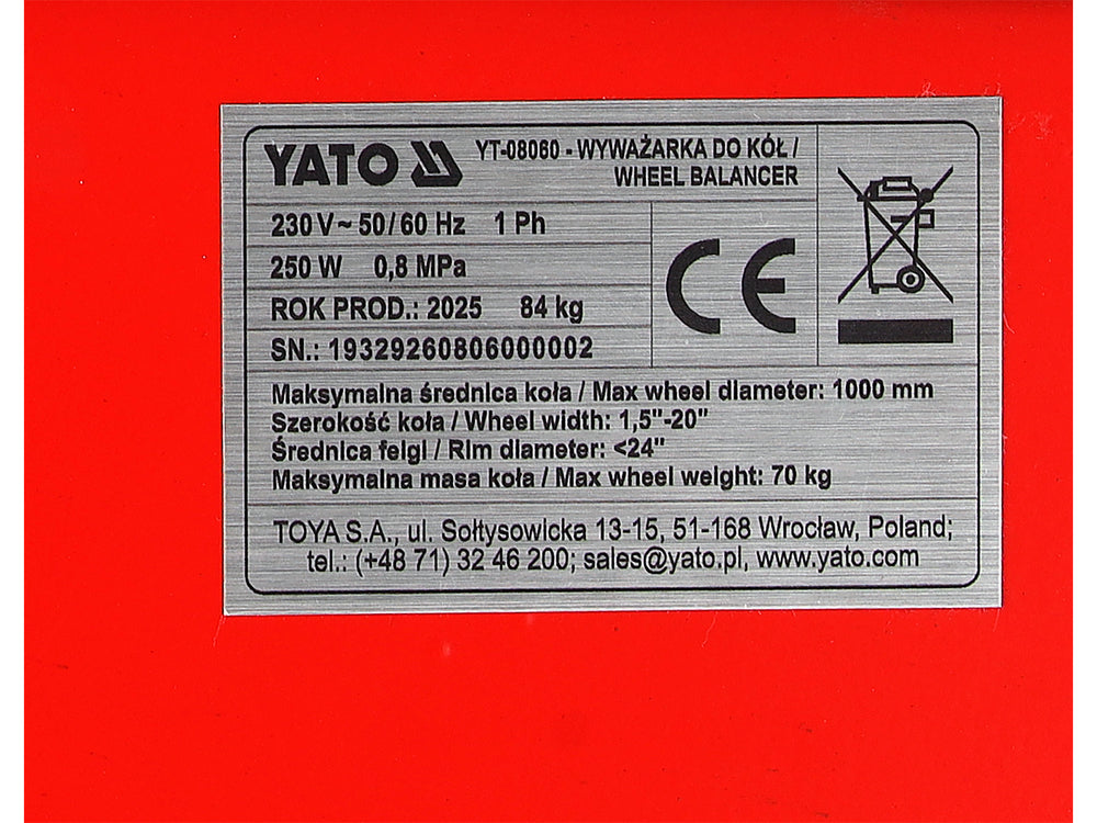 Renkaiden tasapainotuslaite | 250 W | 10–24" renkaille | automaattinen tasapainotus | ±1 g tarkkuus (YT-08060)