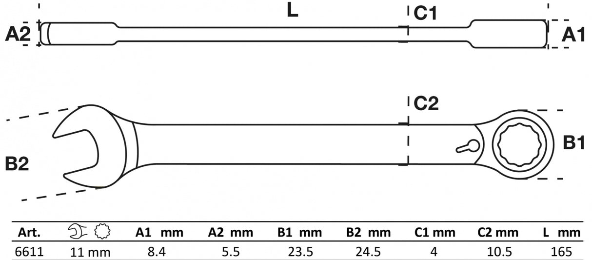 Kombinuotas raktas su terkšle | su reversu | 11 mm (6611)