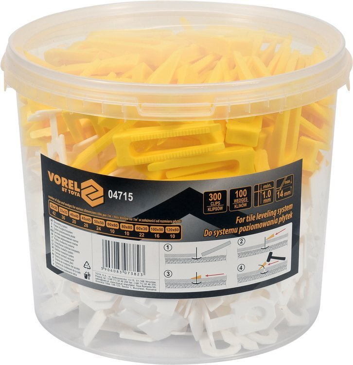 Plytelių išlyginimo sistema | 1 mm / 100 pleištų ir 300 spaustukų rinkinys kibire (04715)