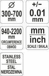 Juostinis matavimo įrankis | diametrui ir perimetrui | maks. 940 / perimetras 2200 mm (YT-71701)