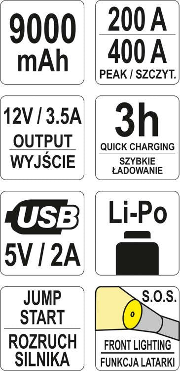 Daugiafunkcinis pakrovėjas / paleidėjas | powerbank | 9000mAh (YT-83081)