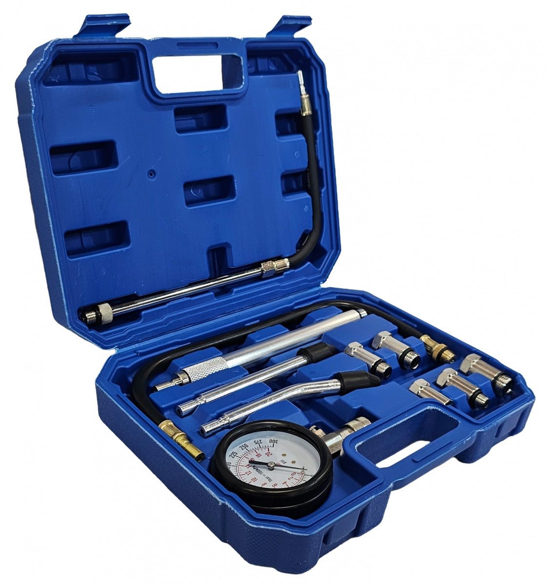Kompresijos matuoklis benzininis | su pailgintais adapteriais | 0-20 bar (H06009)