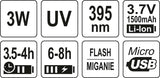 UV žibintuvėlis akumuliatorinis | LI-ION 3.7V | 1500 mAh + akiniai (YT-08588)
