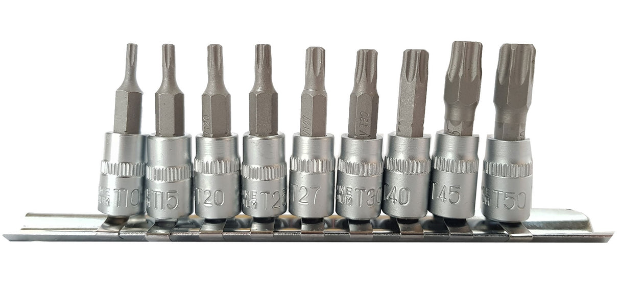 Įpresuotų antgalių rinkinys | 6.3 mm (1/4") | T-Star (Torx) T10 - T50 | 9 vnt. (KR144010)
