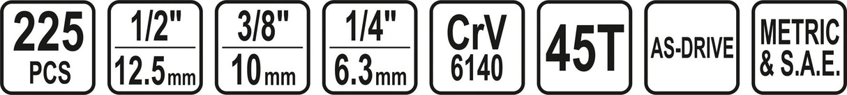 Galvučių / replių / raktų ir kitų įrankių komplektas | 225 vnt. (58693)