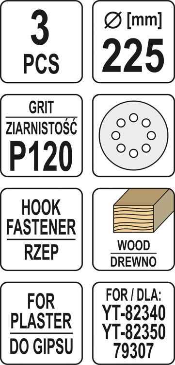 Šlifavimo popierius {velcro) apvalus | su skylėm | 225 mm / P120 | 3 vnt. (YT-83474)