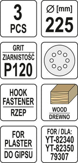 Šlifavimo popierius {velcro) apvalus | su skylėm | 225 mm / P120 | 3 vnt. (YT-83474)