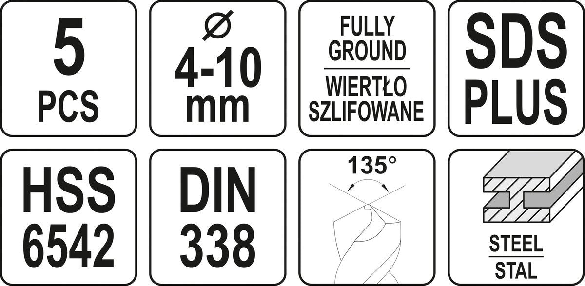 Grąžtai metalui | HSS 6542 | SDS PLUS | 4 - 10 mm | 5 vnt. (YT-40050)