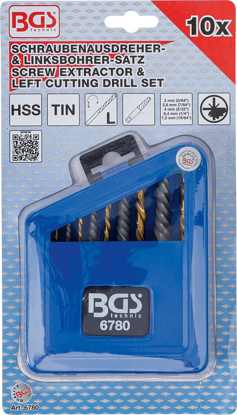 Užlūžusių varžtų išsukėjų ir kairinių grąžtų rinkinys | HSS | titano nitridas | 2 - 7.5 mm | 10 vnt. (6780)