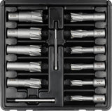 TCT karūninių grąžtų rinkinys kietam metalui | Weldon tipas | 12–27 mm | 13 vnt (YT-43413)