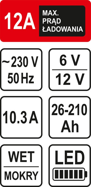 Pakrovėjas akumuliatoriams 12A / 6/12V / 210 Ah | LED (82544)