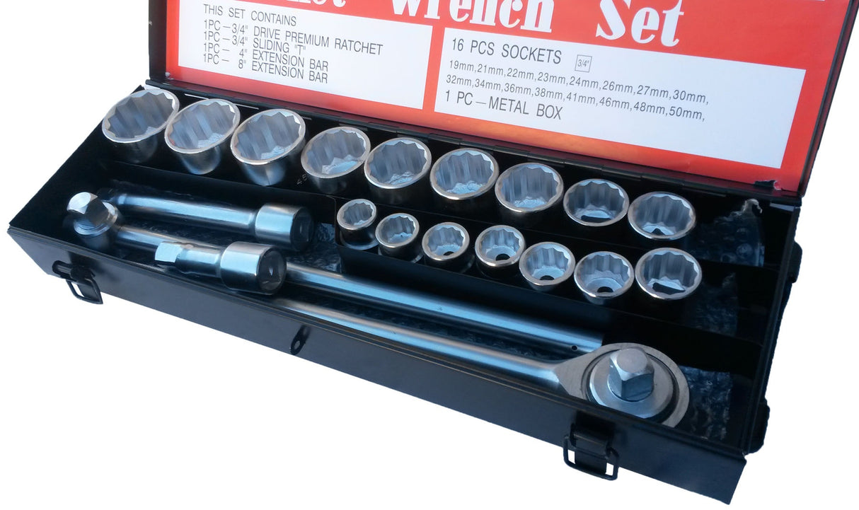 Galvučių komplektas 12 kampų | metalinė dėžė | 20 mm (3/4") | 21 vnt. (SK780577)