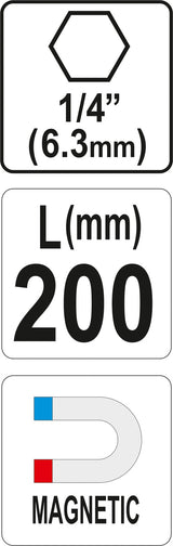 Antgalių laikiklis magnetinis ilgas | 6,3 mm (1/4") | 200 mm (YT-04682)