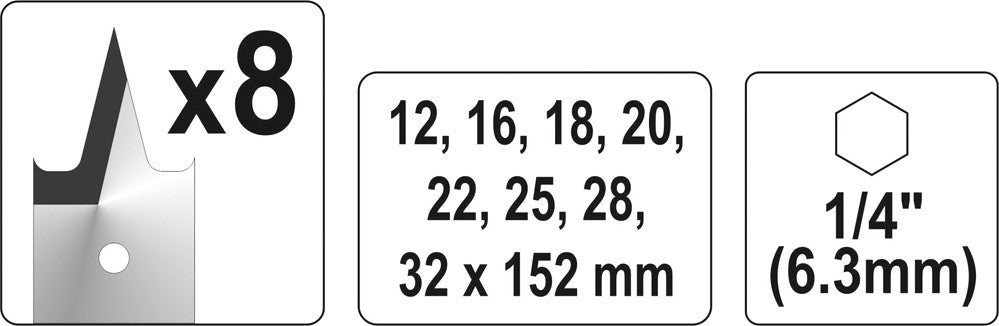 Plunksninių grąžtų rinkinys | 1/4" antgalis | 12-32 mm | 8 vnt (YT-3259)