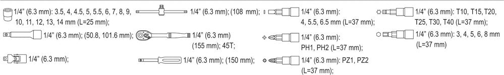 Набор головок с трещоткой | 6.3 mm (1/4") | 38 шт.