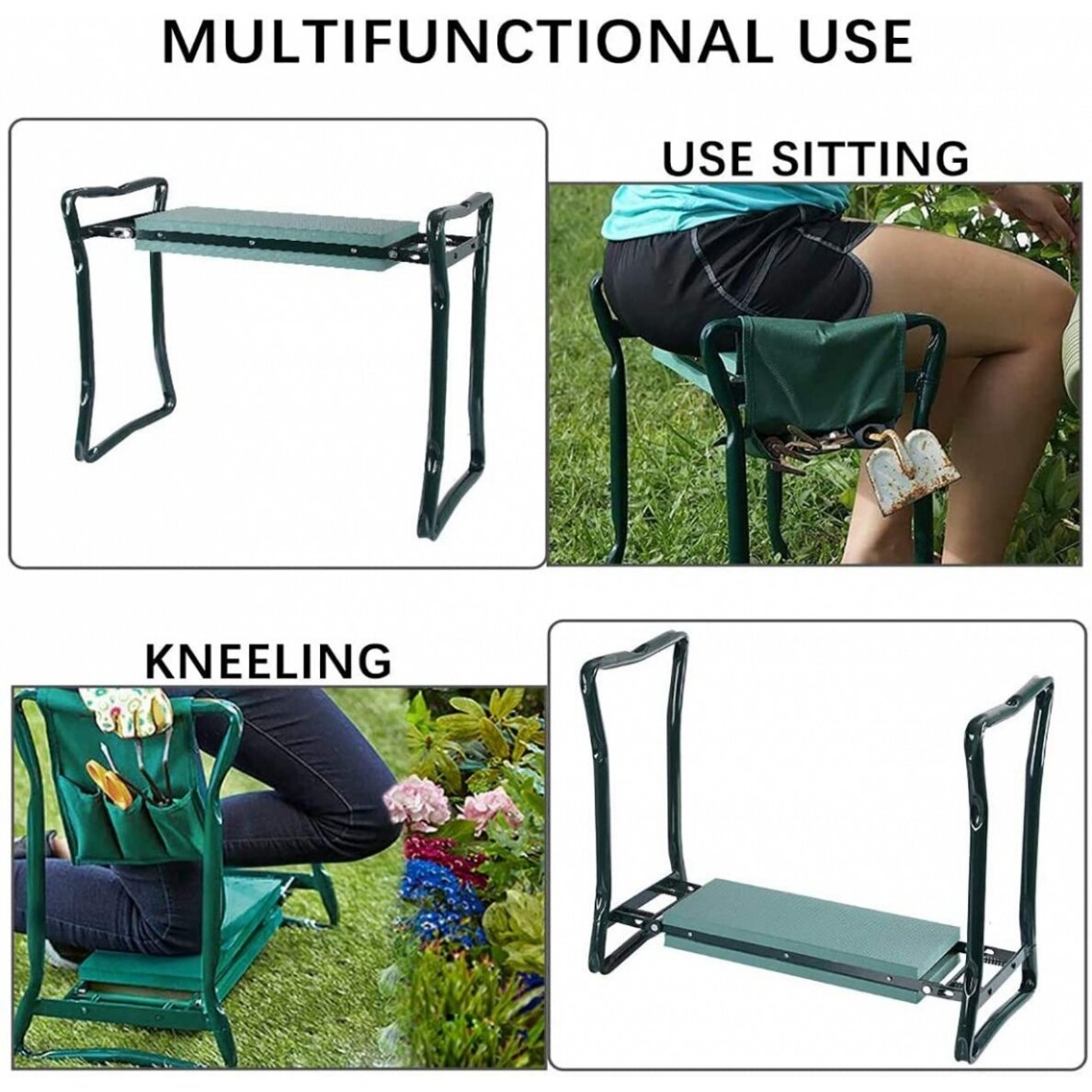 Sulankstomas sodo suoliukas ir kelių apsauga su įrankių krepšiu | 2 viename (ST-1)
