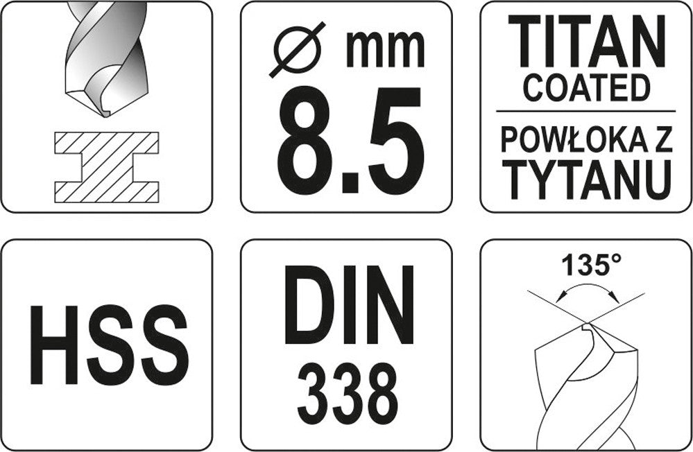 Grąžtas metalui HSS-TIN 8.5 mm (YT-44659)