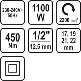 Elektrinis smūginis veržliaraktis su rinkiniu | 12,5 mm (1/2") | 450Nm/1100W (57092)