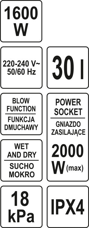 Dulkių siurblys pramoninis | drėgna ir sausa funkcija | 1600/2000 W / 30 l (YT-85715)