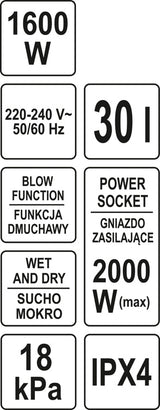 Dulkių siurblys pramoninis | drėgna ir sausa funkcija | 1600/2000 W / 30 l (YT-85715)