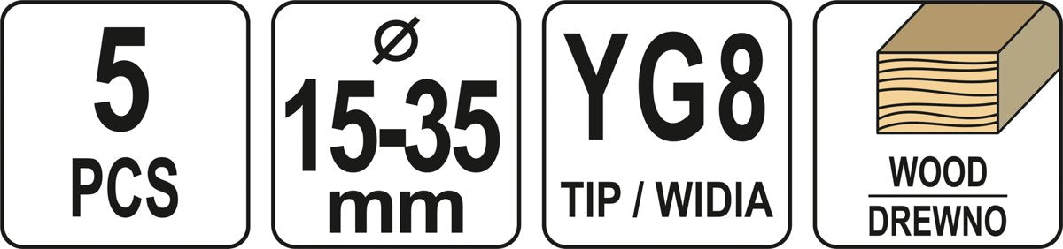 Grąžtų/frezų medžiui rinkinys | 15-35 mm | 5 vnt. (YT-33015)