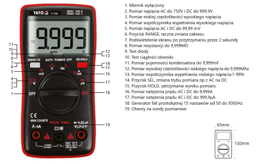 Skaitmeninis daugiafunkcinis testeris | TRUE RMS | (9999 AUTO LCD (YT-73089)